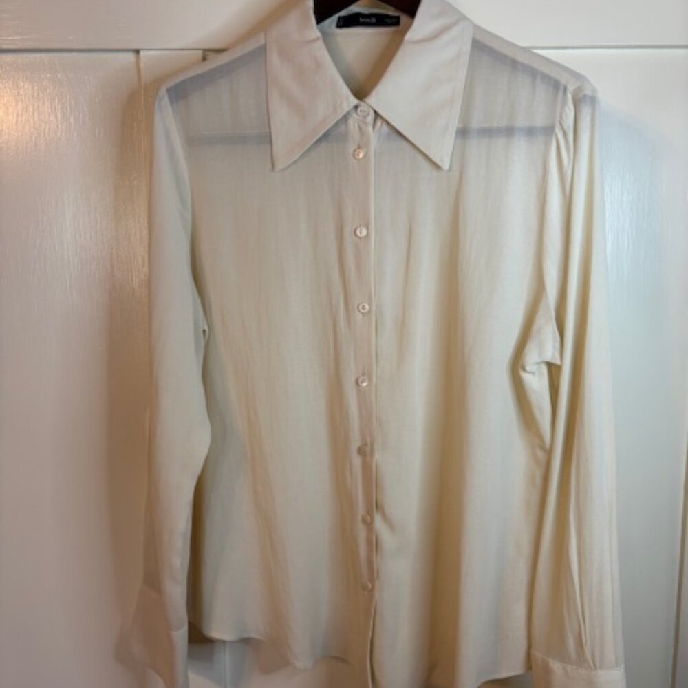 Mango Women's Blouse Long Sleeve Wide Collar Off White